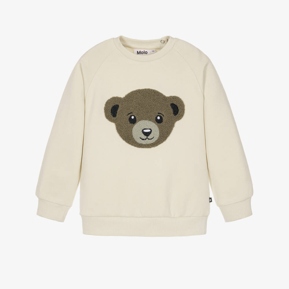 Molo-Boys Ivory Cotton Sweatshirt with Teddy Motif | Childrensalon