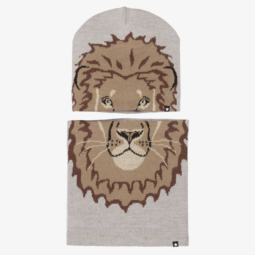 Molo-Boys Light Grey Knitted Lion Hat & Snood Set | Childrensalon