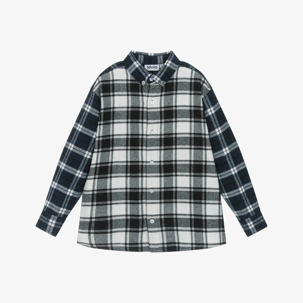 Molo-Boys Navy Blue & Black Brushed Organic Cotton Checked Shirt | Childrensalon