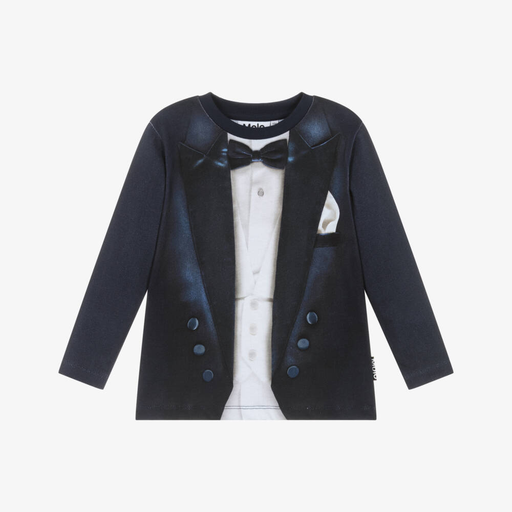 Molo-Boys Navy Blue Cotton Tuxedo Print Top | Childrensalon