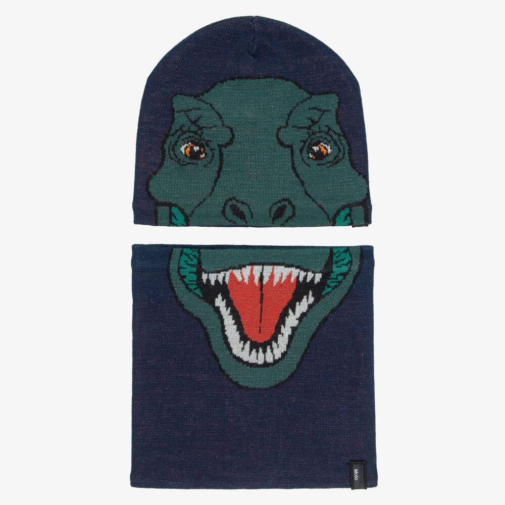 Molo-Boys Navy Blue Knit Dino Hat & Snood Set | Childrensalon