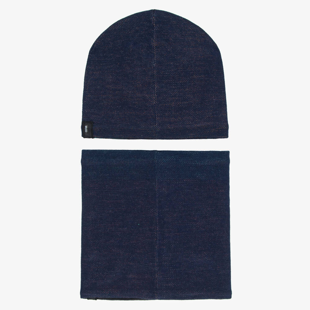 Molo-Boys Navy Blue Knit Dino Hat & Snood Set | Childrensalon