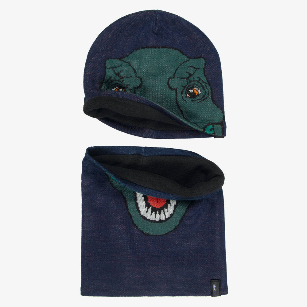 Molo-Boys Navy Blue Knit Dino Hat & Snood Set | Childrensalon