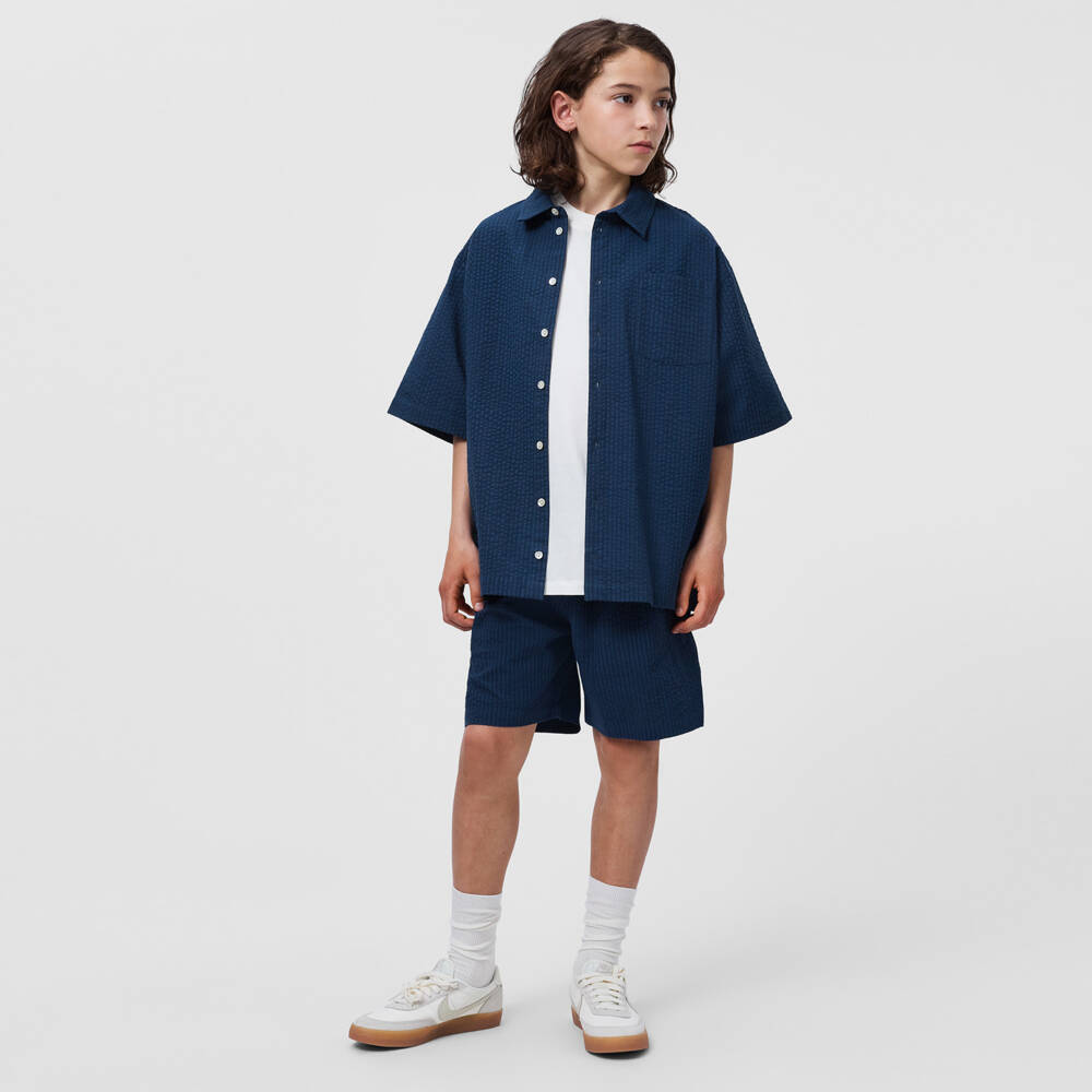 Molo-Boys Navy Blue Organic Cotton Seersucker Shirt | Childrensalon