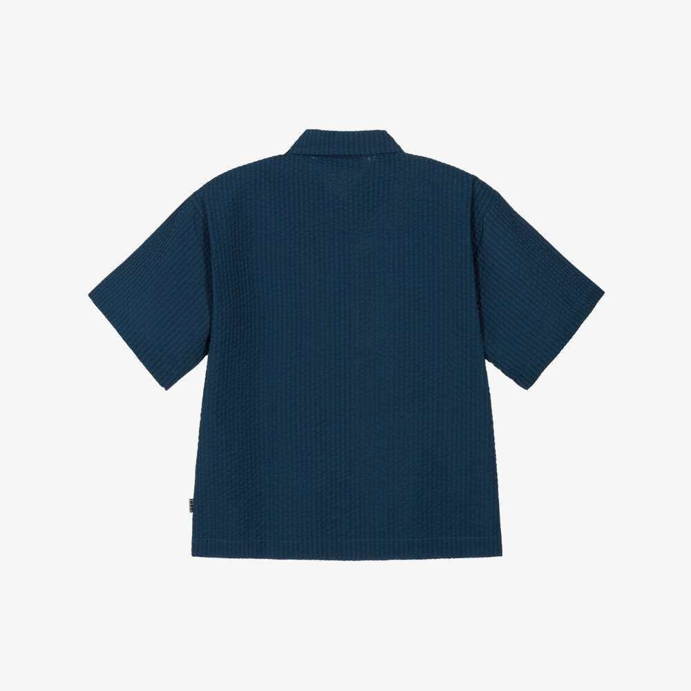 Molo-Boys Navy Blue Organic Cotton Seersucker Shirt | Childrensalon
