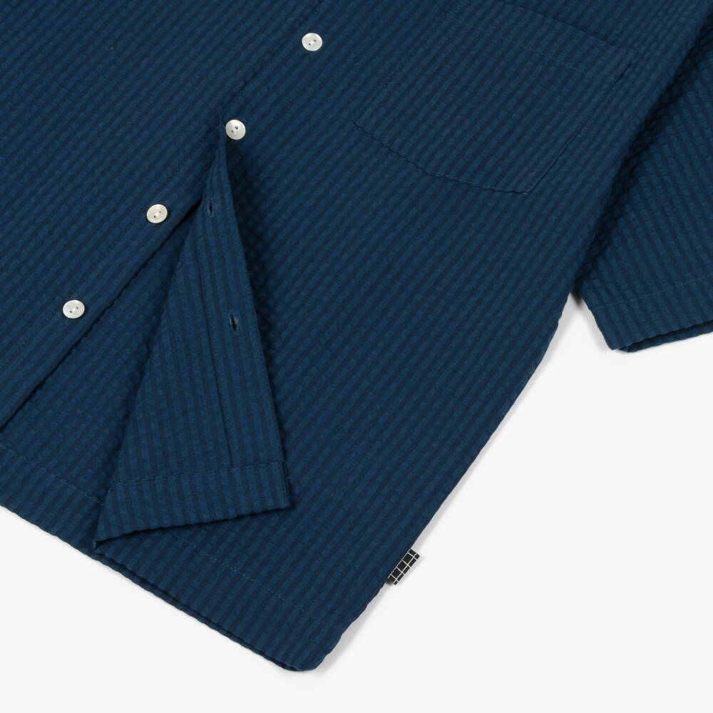 Molo-Boys Navy Blue Organic Cotton Seersucker Shirt | Childrensalon