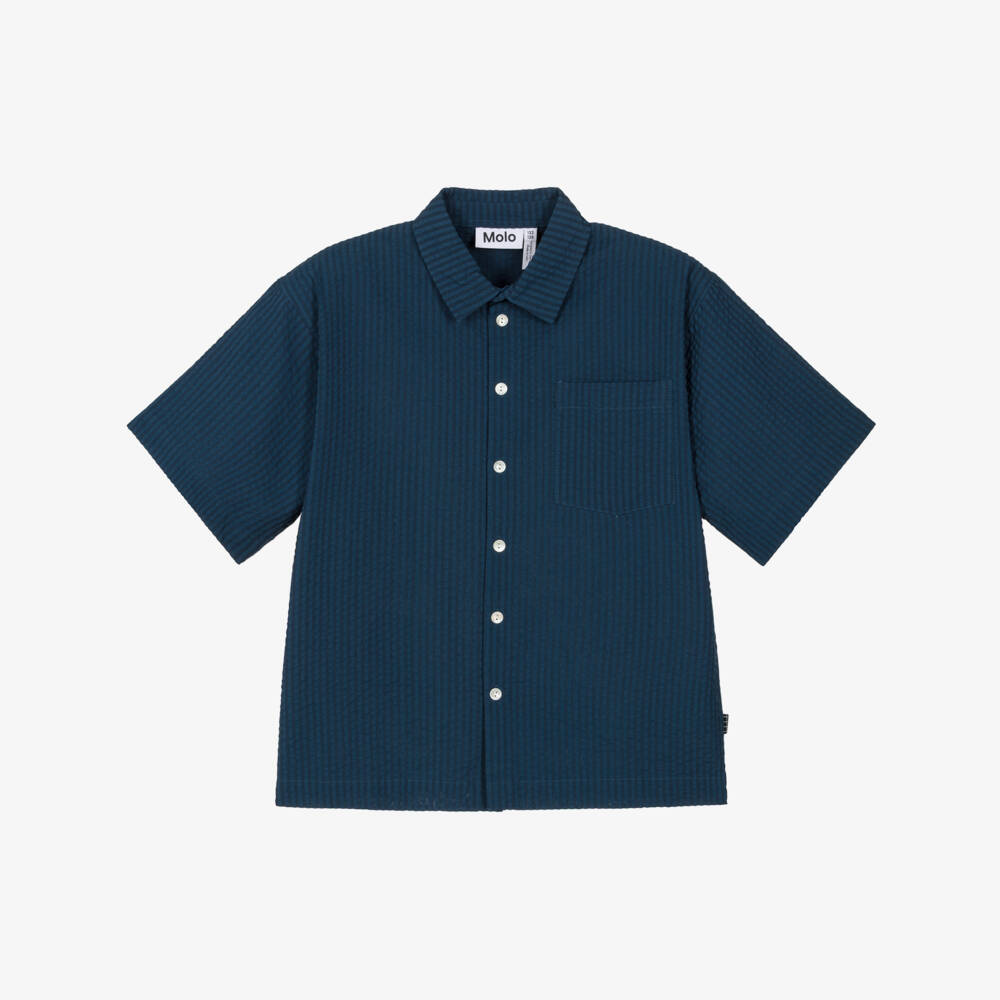 Molo-Boys Navy Blue Organic Cotton Seersucker Shirt | Childrensalon