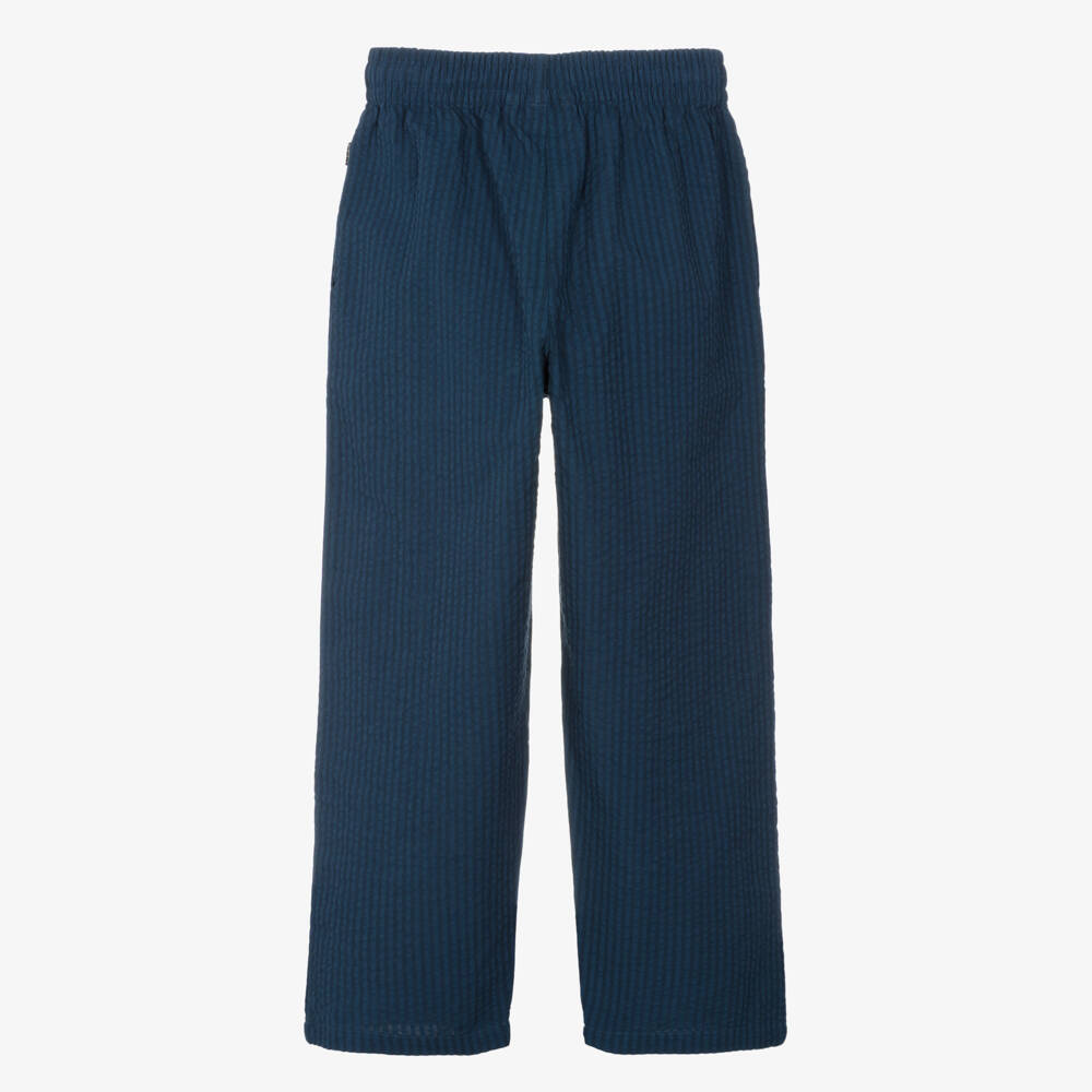 Molo-Boys Navy Blue Organic Cotton Seersucker Trousers | Childrensalon