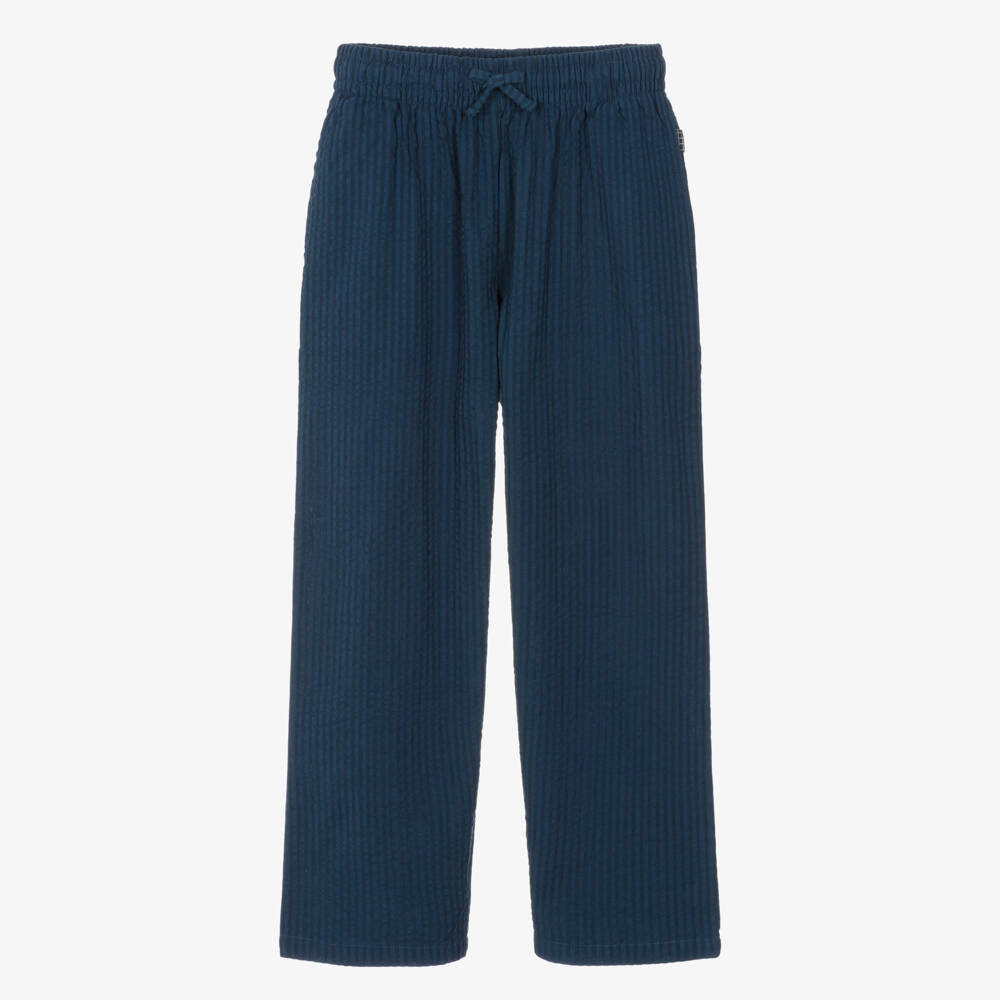 Molo-Boys Navy Blue Organic Cotton Seersucker Trousers | Childrensalon