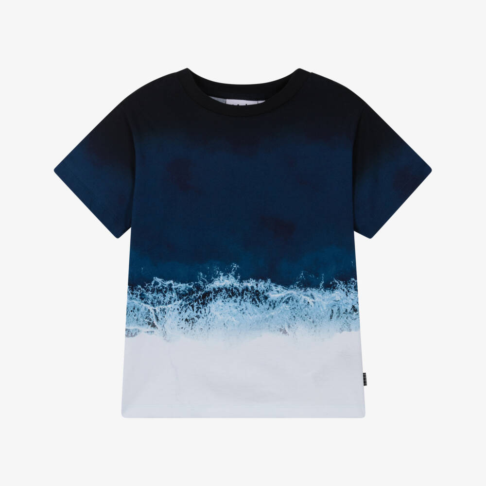 Molo-Boys Navy Blue Organic Cotton T-Shirt with Ocean Print | Childrensalon