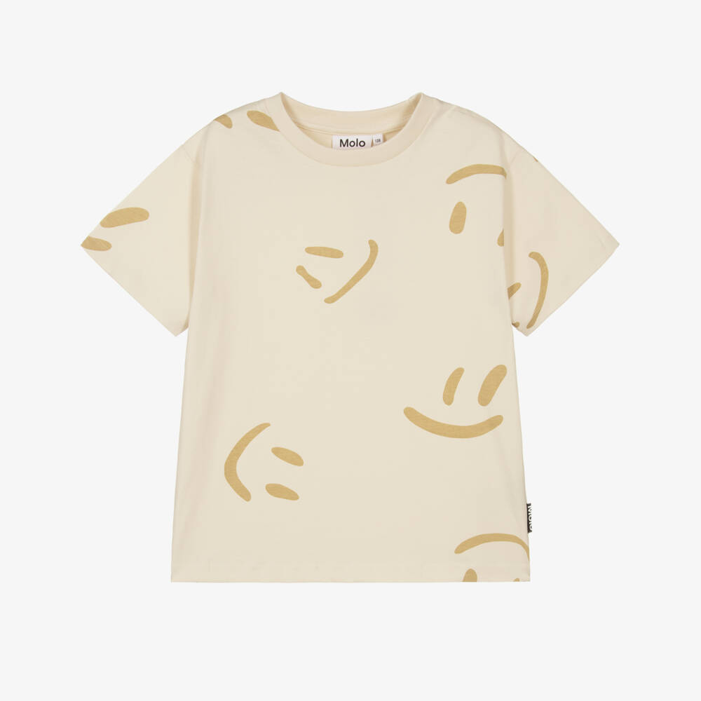 Molo-Boys Pale Beige Cotton Smiling Face T-Shirt | Childrensalon