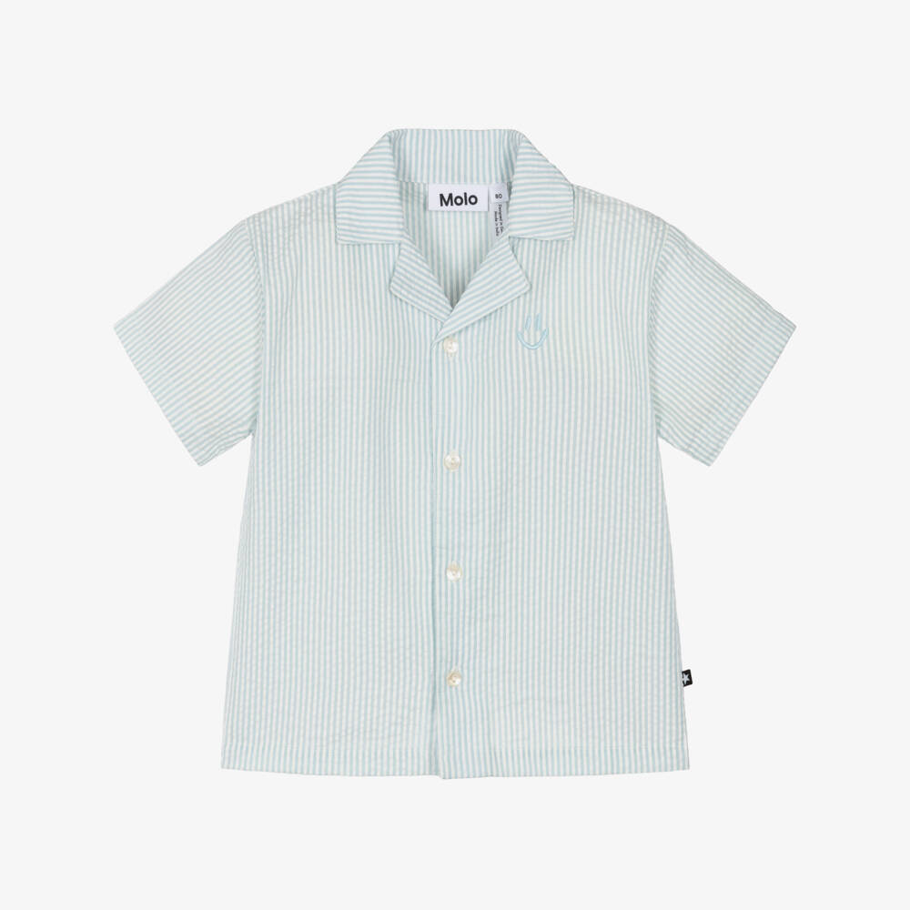 Molo-Boys Pale Blue & White Striped Cotton Seersucker Shirt | Childrensalon