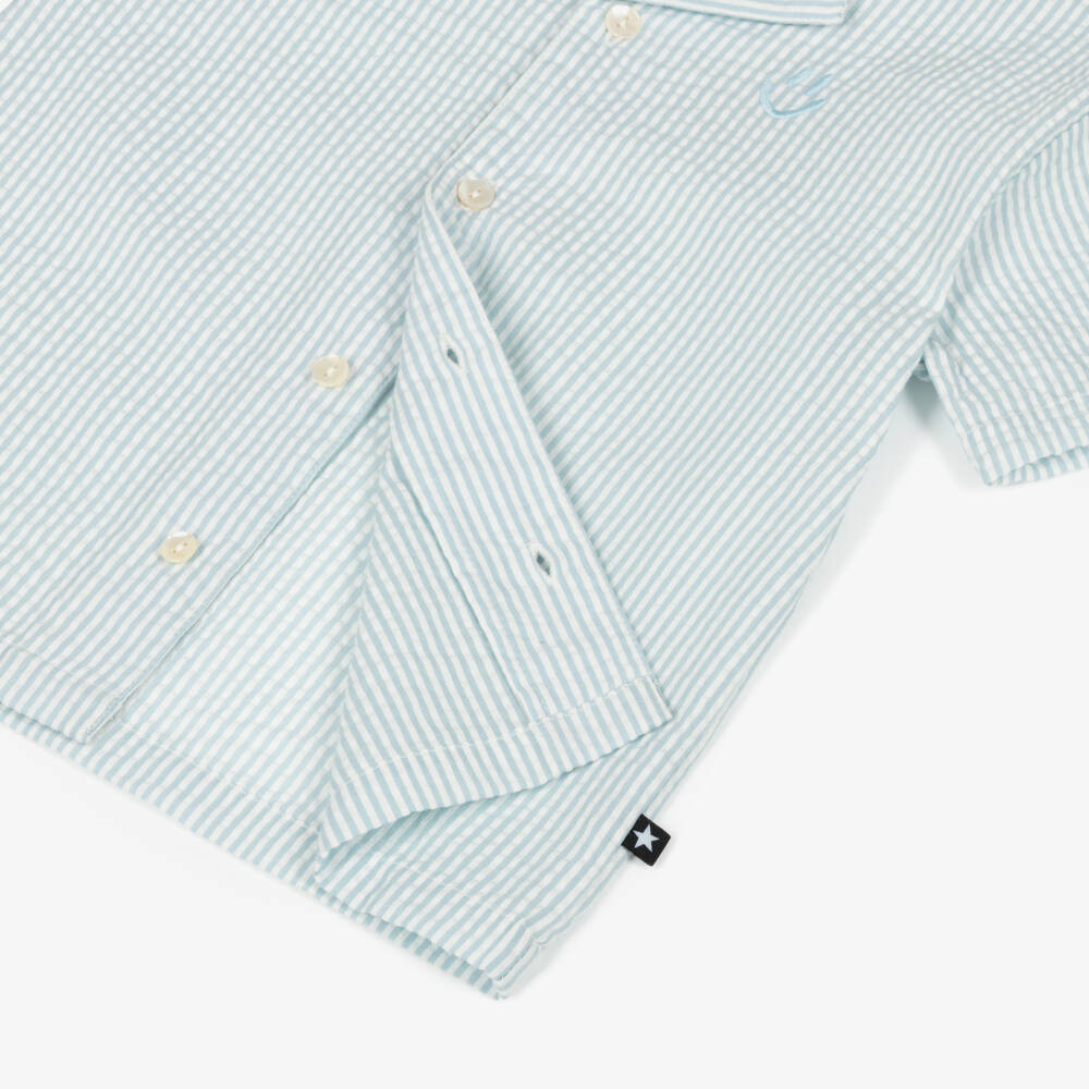 Molo-Boys Pale Blue & White Striped Cotton Seersucker Shirt | Childrensalon