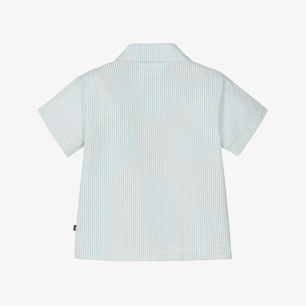 Molo-Boys Pale Blue & White Striped Cotton Seersucker Shirt | Childrensalon
