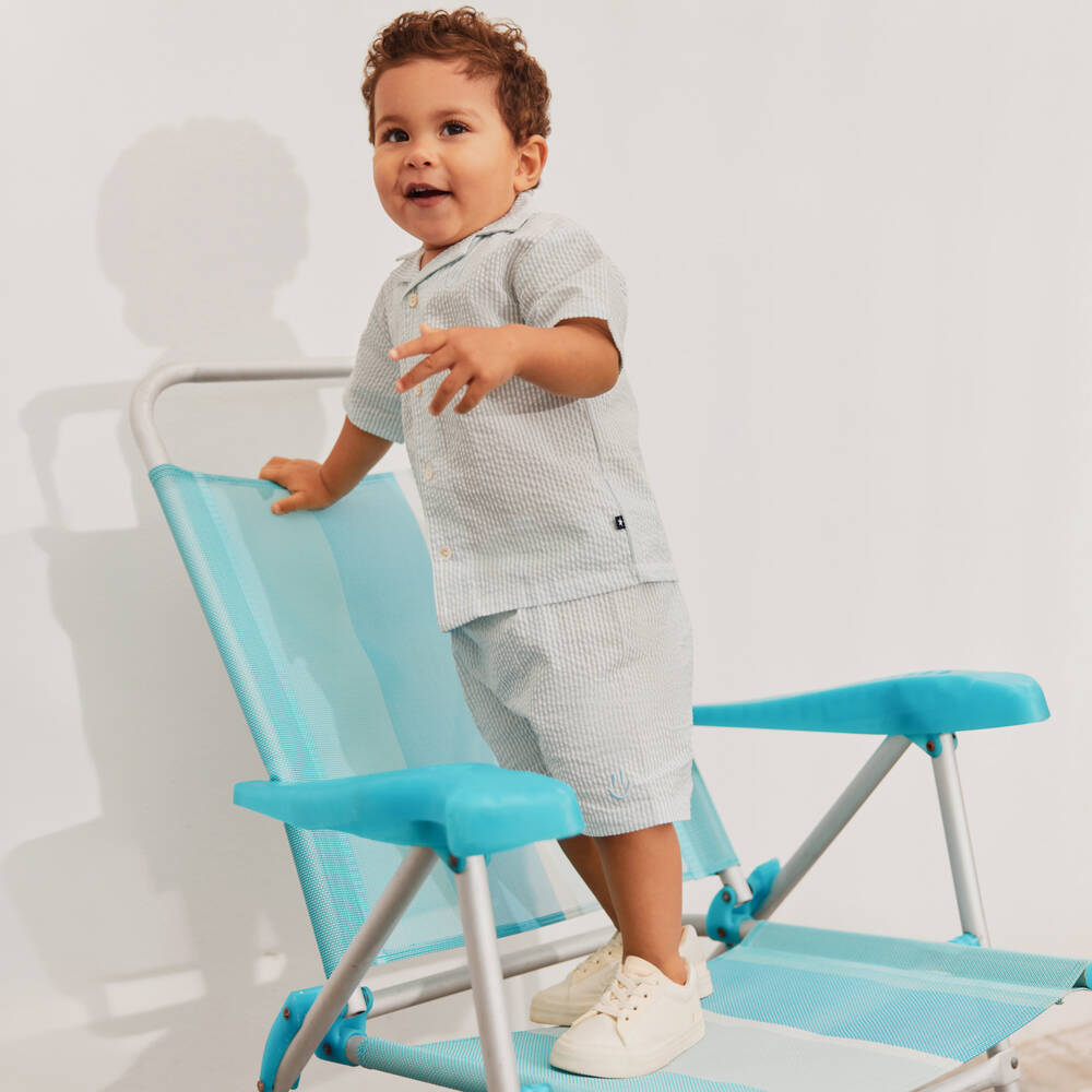 Molo-Boys Pale Blue & White Striped Cotton Seersucker Shirt | Childrensalon