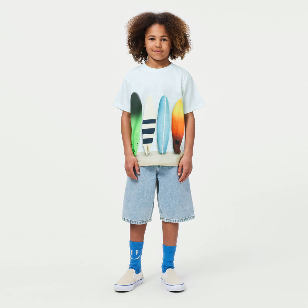 Molo-Boys Pale Green Cotton T-Shirt with Surfboard Graphic | Childrensalon