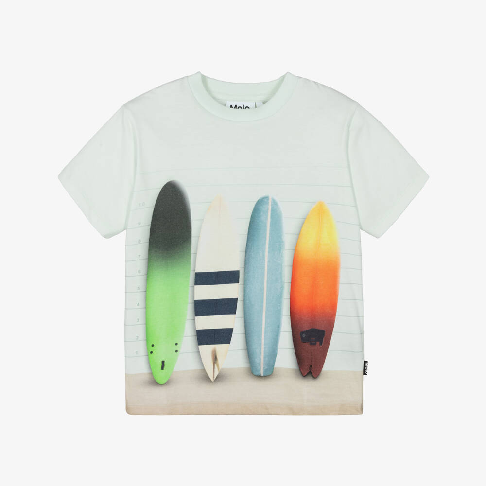 Molo-Boys Pale Green Cotton T-Shirt with Surfboard Graphic | Childrensalon