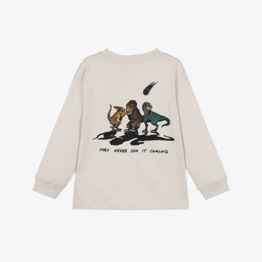 Molo-Boys Pale Grey Cotton Dinosaur Top | Childrensalon