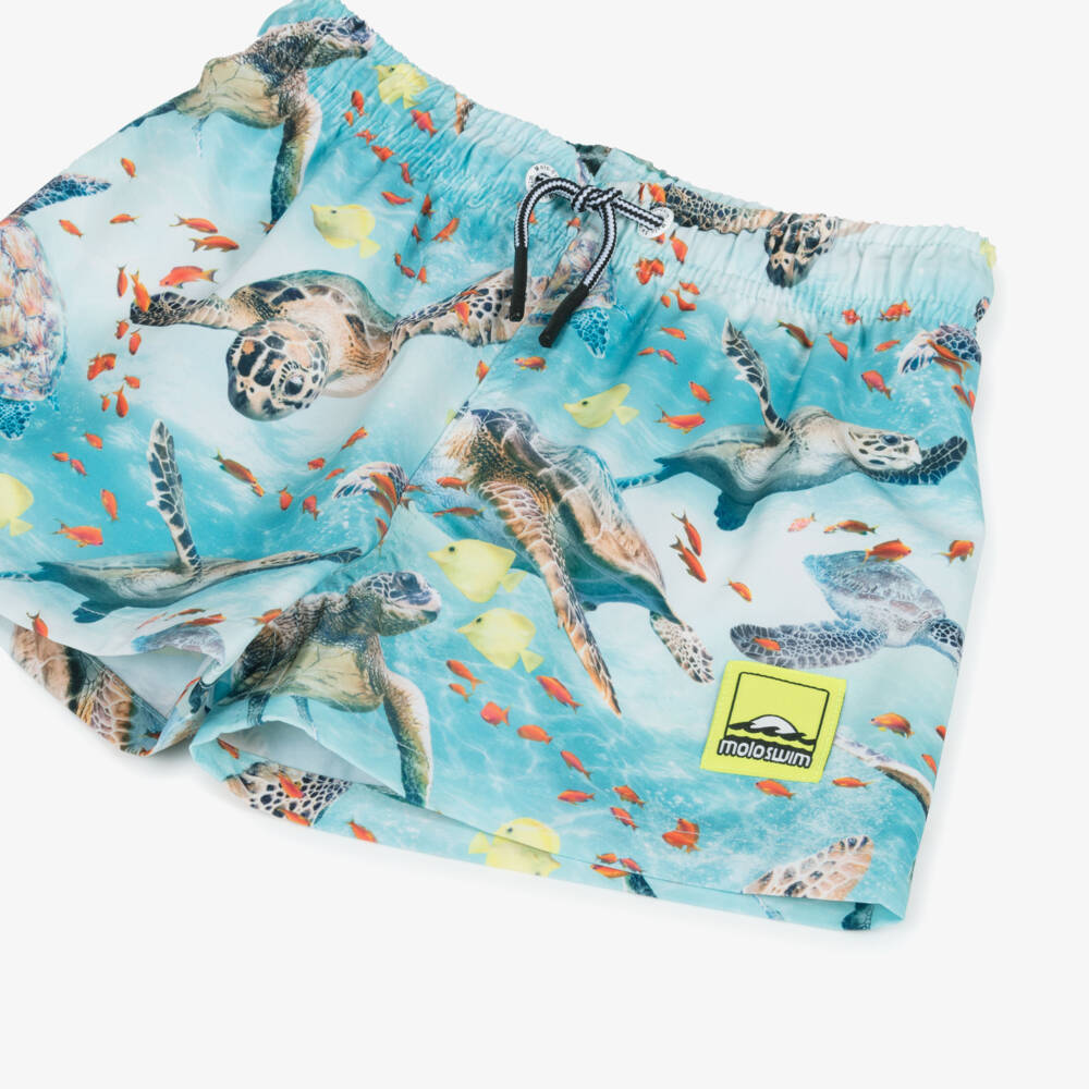 Molo-Boys Turquoise Blue Turtle Print Swim Shorts (UPF50+) | Childrensalon