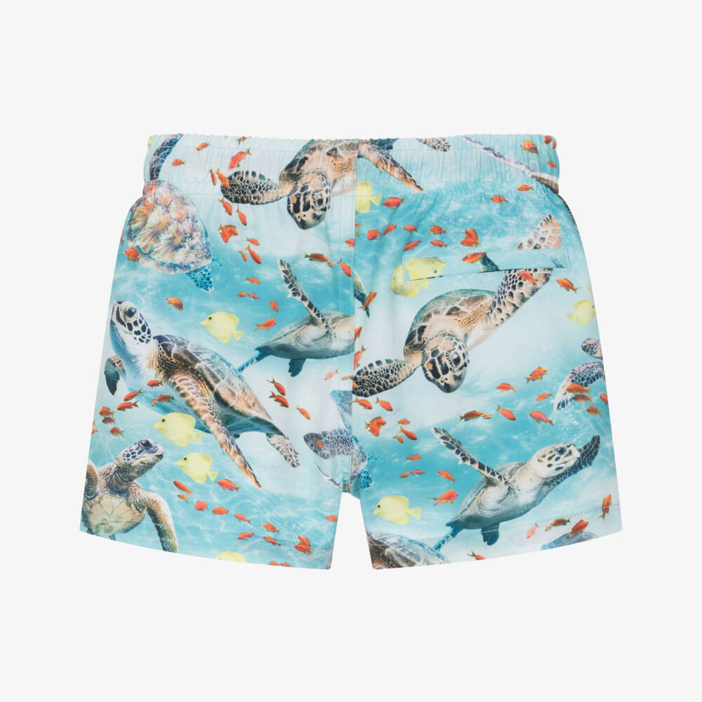 Molo-Boys Turquoise Blue Turtle Print Swim Shorts (UPF50+) | Childrensalon
