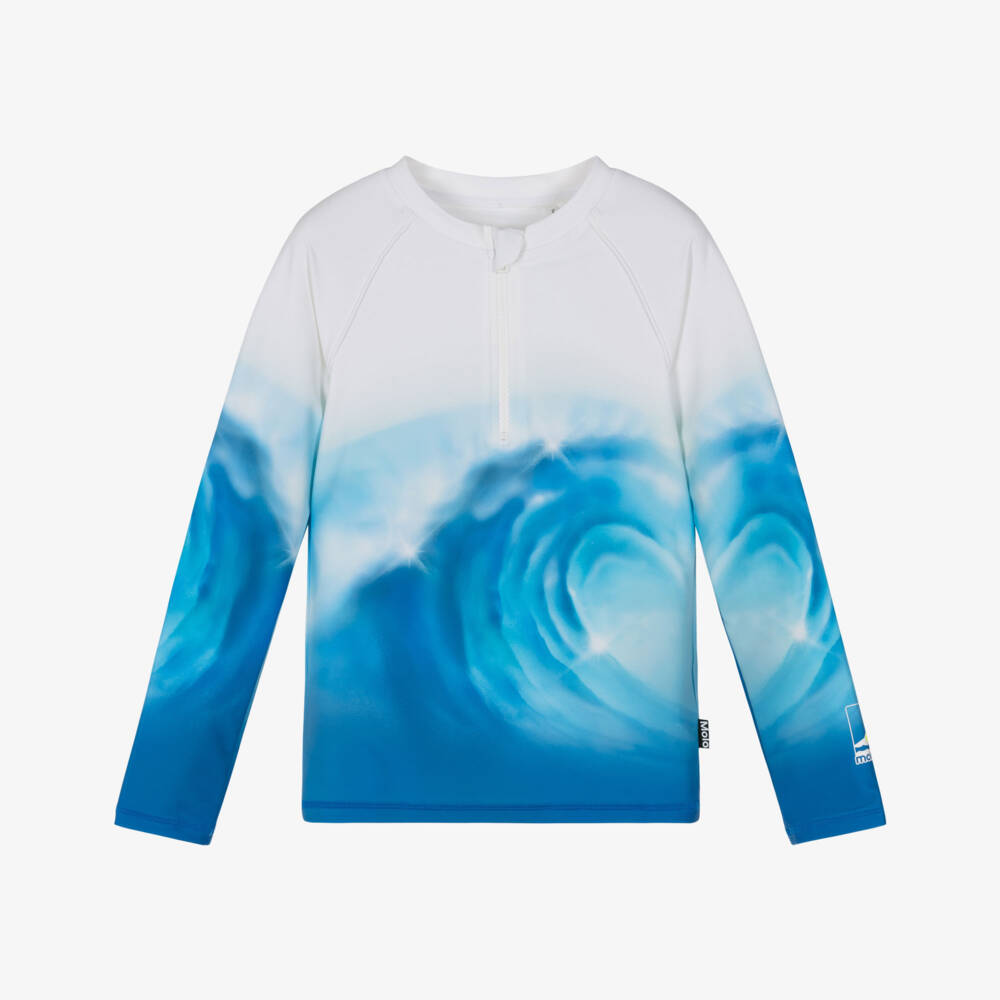 Molo-Boys White & Blue Wave Sun Protective Top (UPF50+) | Childrensalon