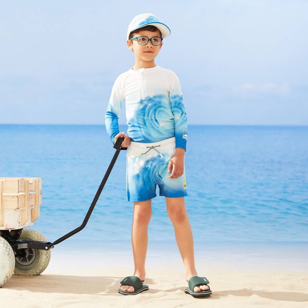 Molo-Boys White & Blue Wave Swim Shorts (UPF50+) | Childrensalon
