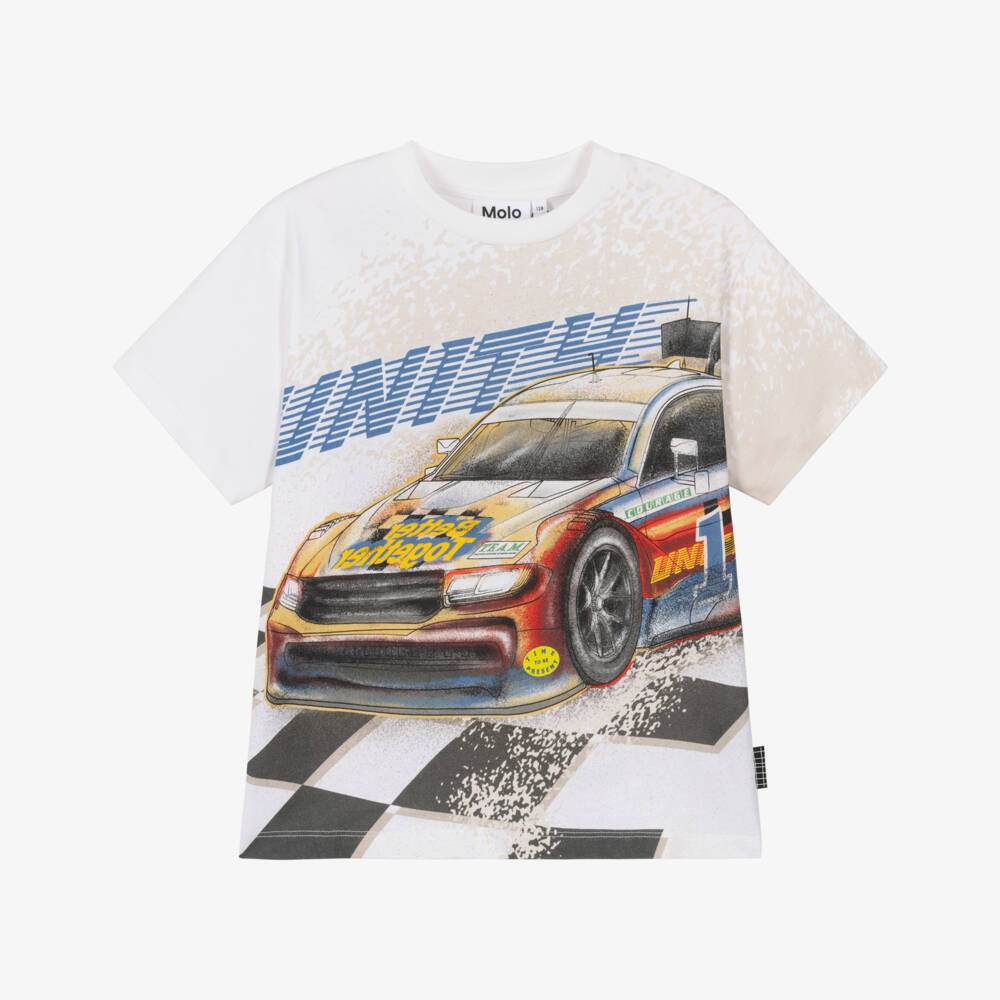Molo-Футболка белая из хлопка с гоночной машиной для мальчиков | Childrensalon
