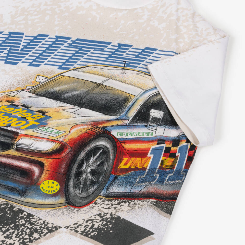 Molo-تيشيرت قطن بطبعة سيارة سباق لون أبيض للأولاد | Childrensalon