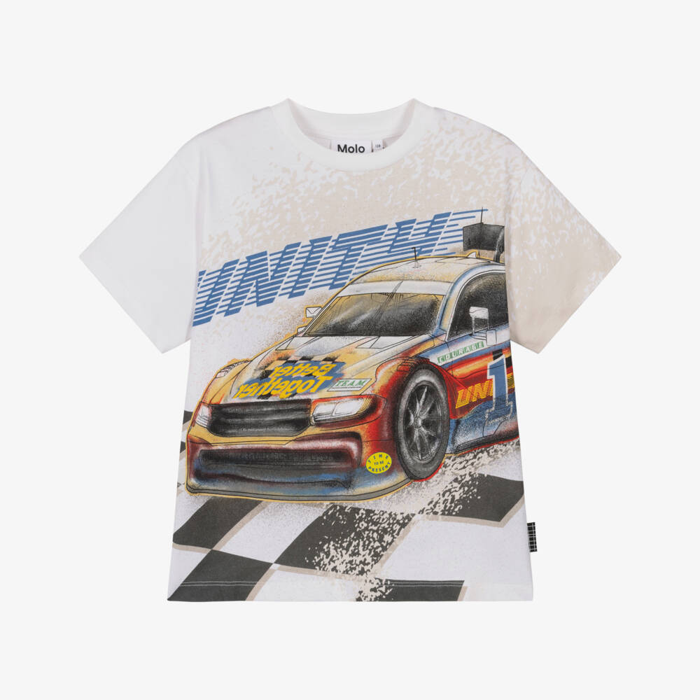 Molo-تيشيرت قطن بطبعة سيارة سباق لون أبيض للأولاد | Childrensalon