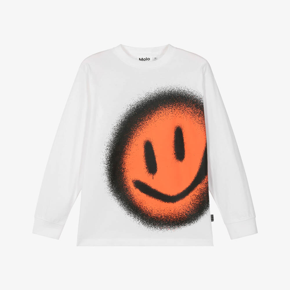 Molo-Топ белый хлопковый с оранжевым смайлом для мальчиков | Childrensalon