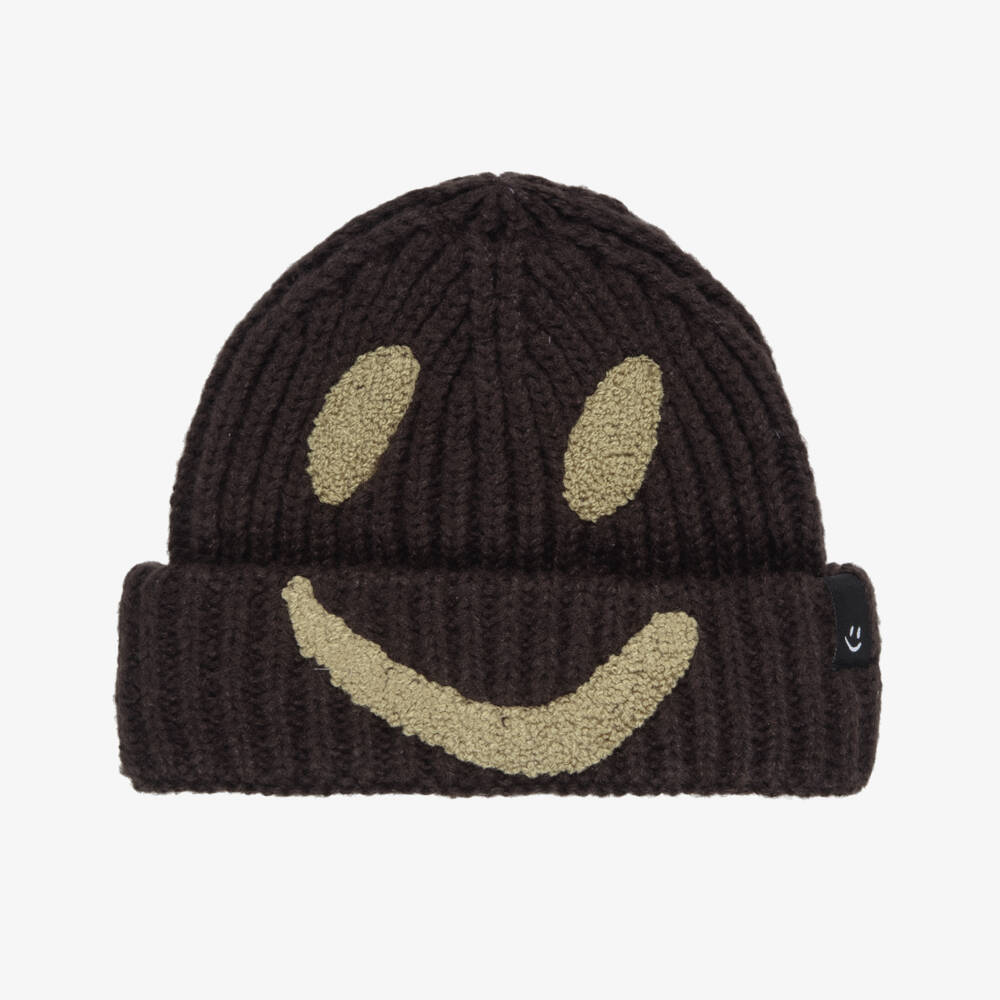 Molo-Dark Brown Chunky Knit Hat with Smiling Face | Childrensalon