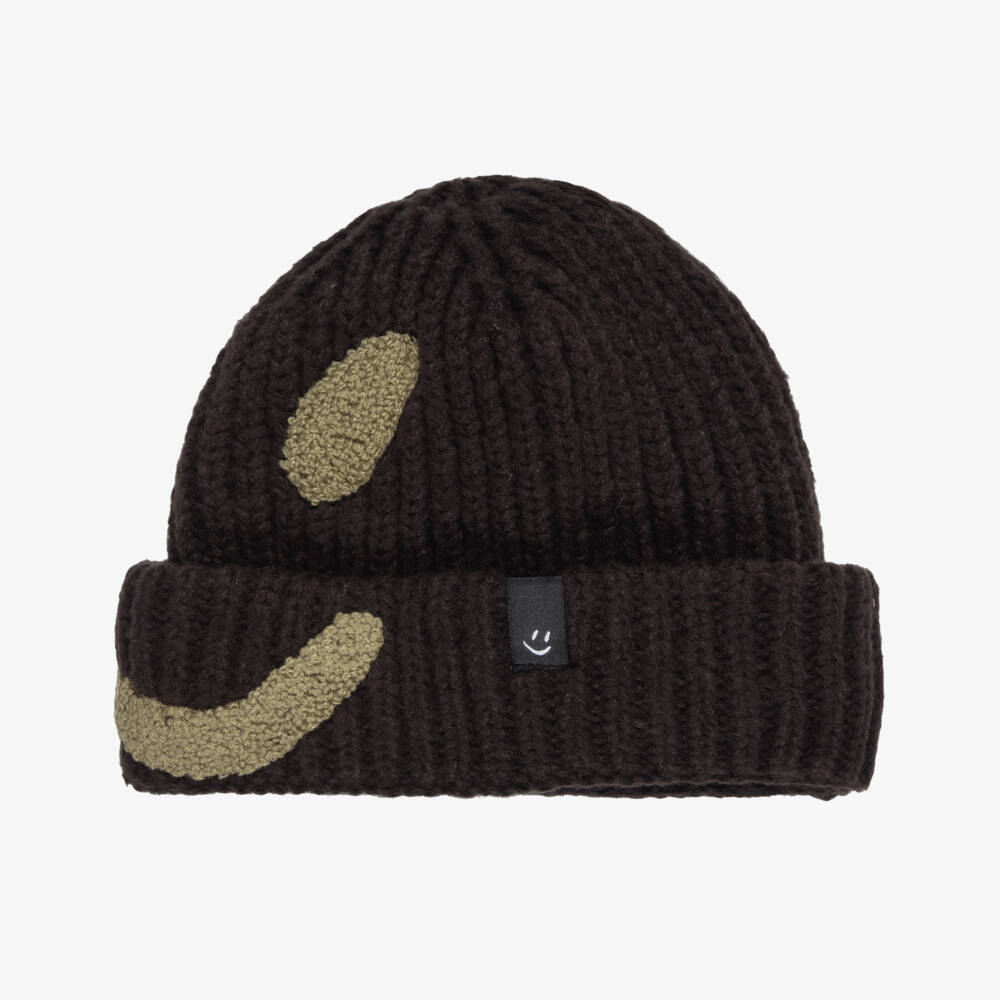 Molo-Dark Brown Chunky Knit Hat with Smiling Face | Childrensalon