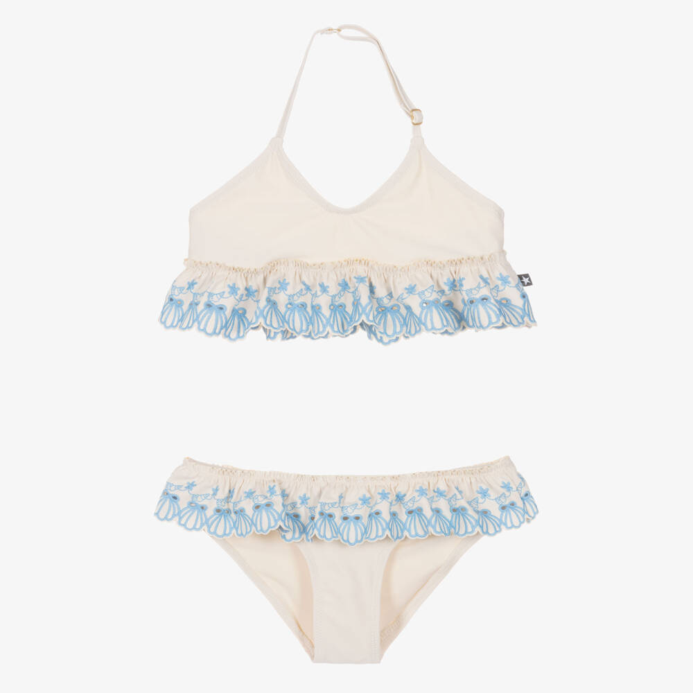 Molo-Girls Beige & Blue Ruffle Bikini (UPF50+) | Childrensalon