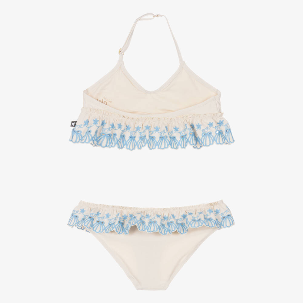 Molo-Girls Beige & Blue Ruffle Bikini (UPF50+) | Childrensalon