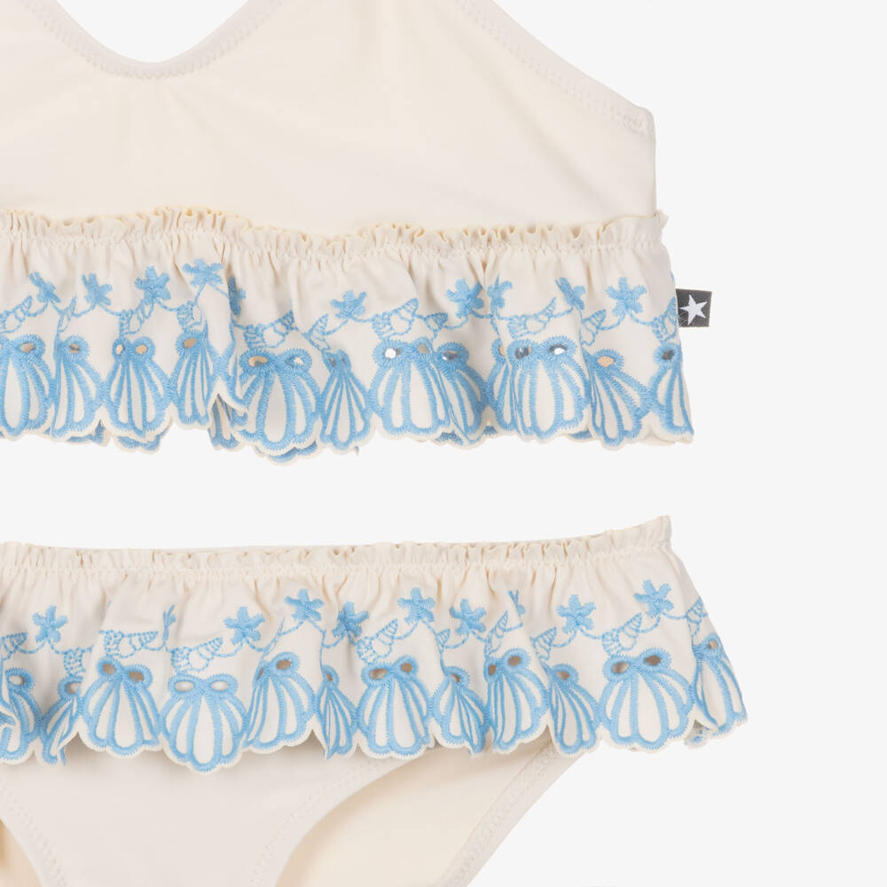 Molo-Girls Beige & Blue Ruffle Bikini (UPF50+) | Childrensalon