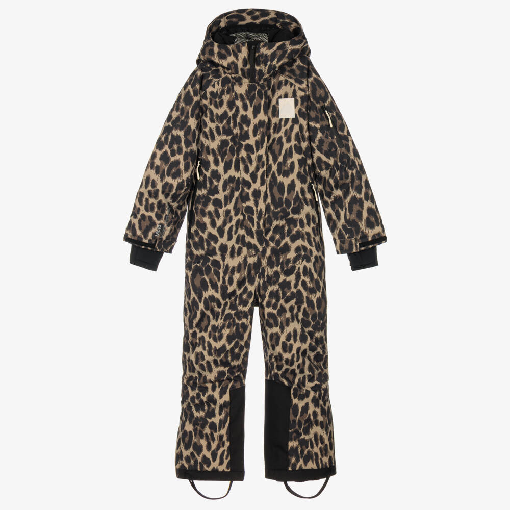 Molo-Girls Beige & Brown Leopard Print Waterproof Snowsuit | Childrensalon