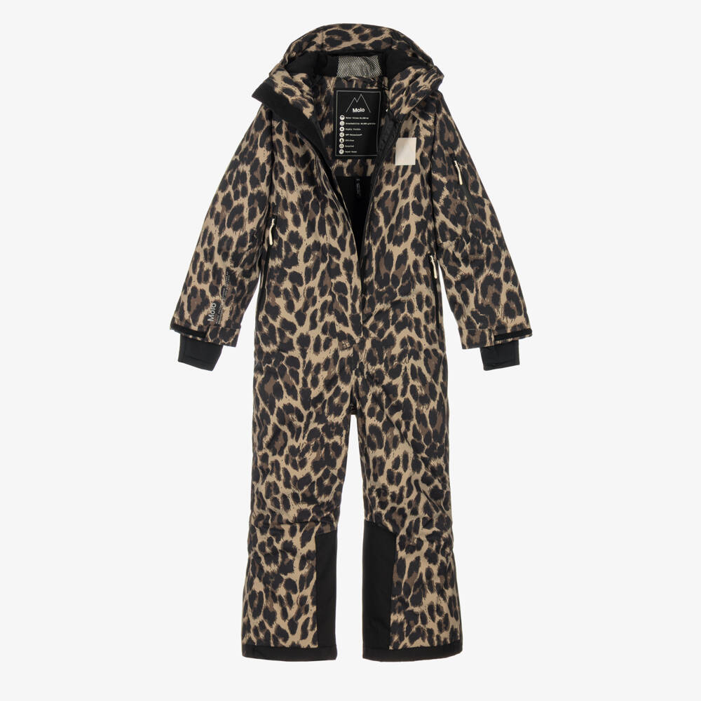 Molo-Girls Beige & Brown Leopard Print Waterproof Snowsuit | Childrensalon