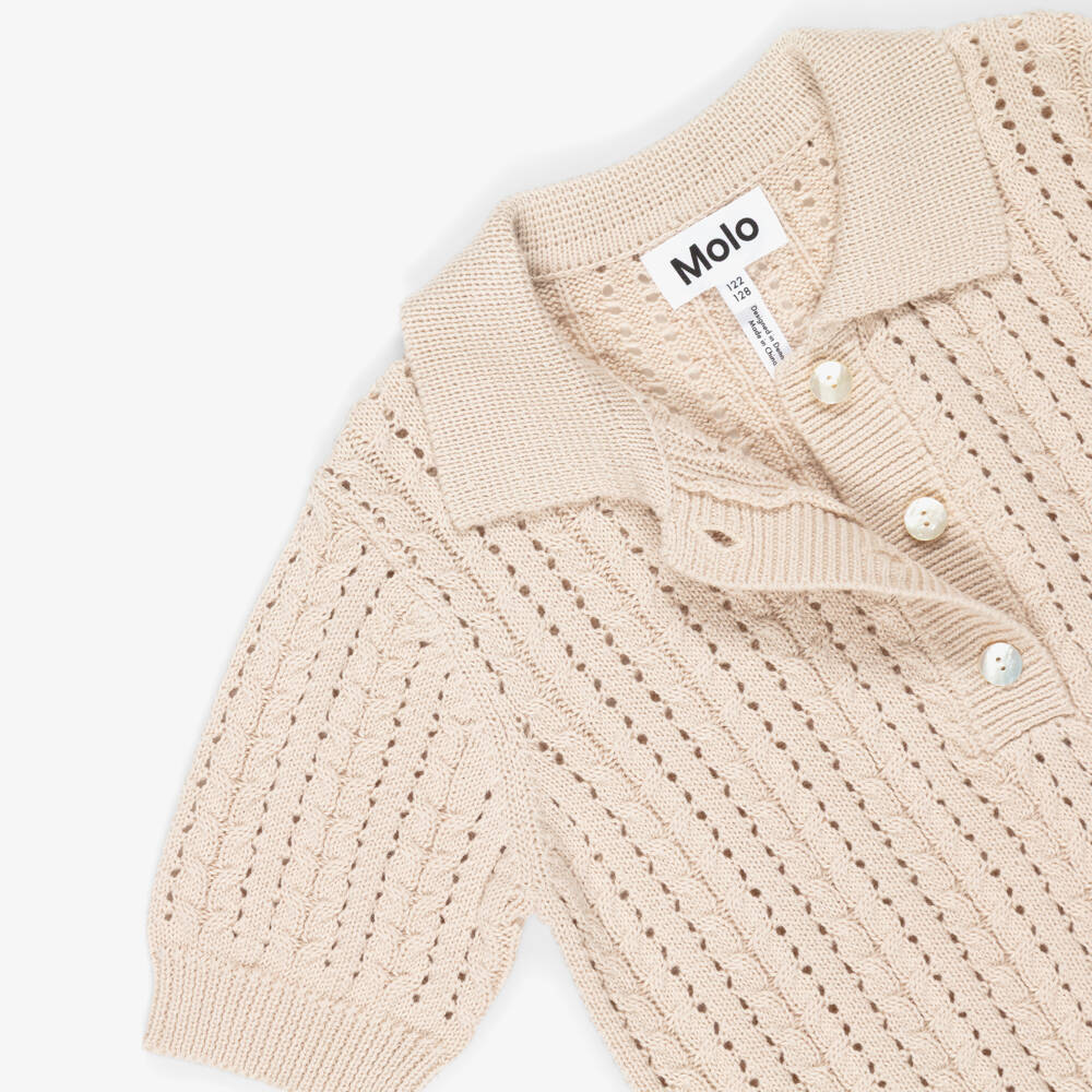 Molo-Girls Beige Cotton Lacy Knit Polo Shirt | Childrensalon