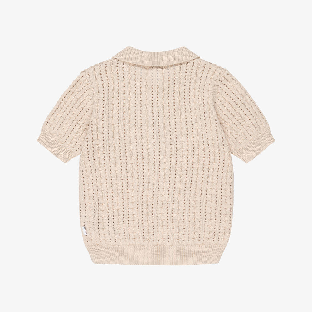 Molo-Girls Beige Cotton Lacy Knit Polo Shirt | Childrensalon