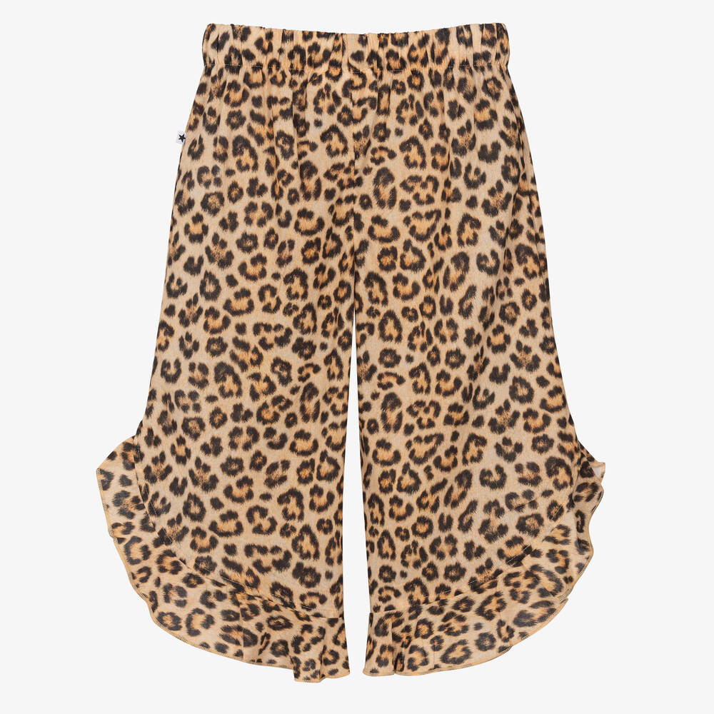 Molo-Girls Beige Cotton Leopard Print Trousers | Childrensalon