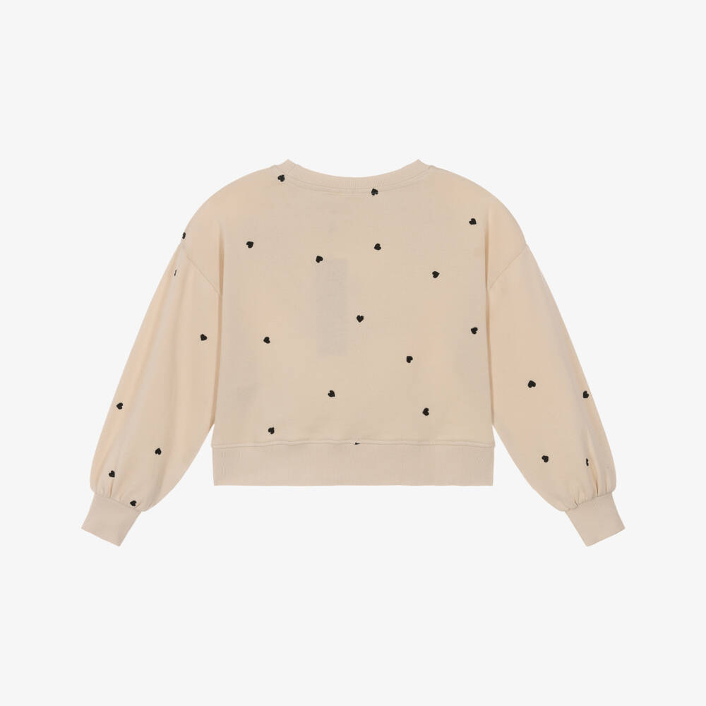 Molo-Свитшот бежевый хлопковый с черной вышивкой сердец для девочек | Childrensalon
