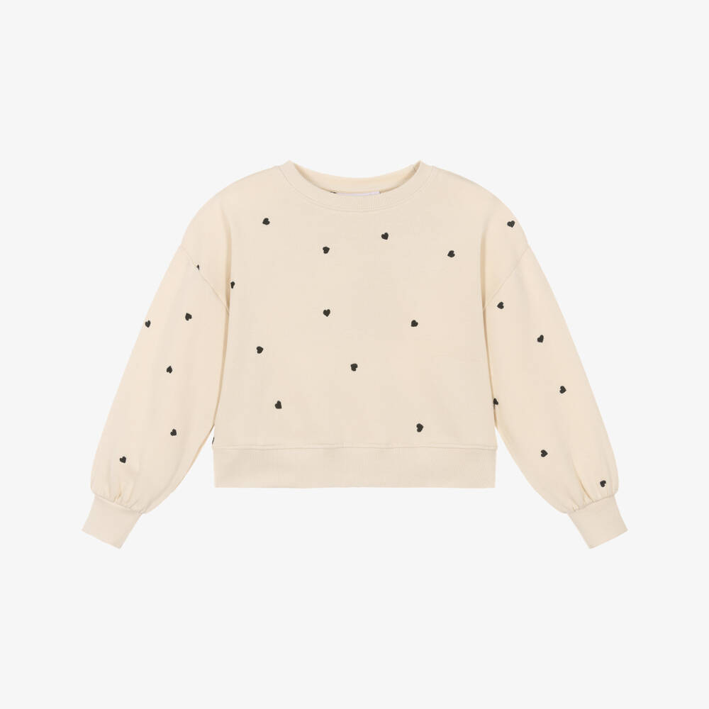 Molo-Girls Beige Cotton Sweatshirt with Black Heart Embroidery | Childrensalon