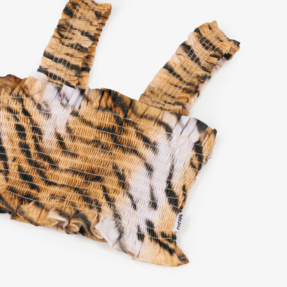 Molo-Girls Beige Cotton Tiger Print Sleeveless Top | Childrensalon