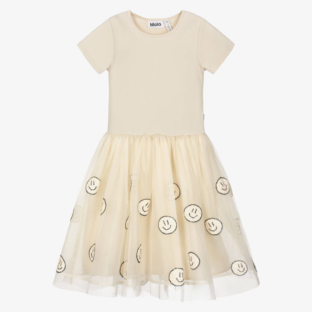 Molo-Платье бежевое со смайлами из пайеток для девочек | Childrensalon