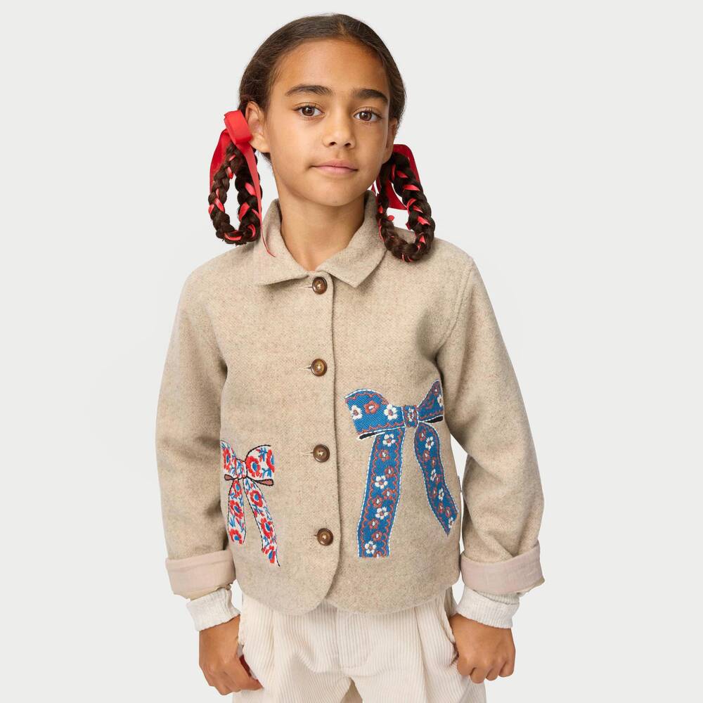 Molo-Girls Beige Felted Wool Jacket with Bows | Childrensalon