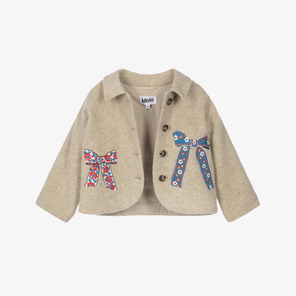 Molo-Girls Beige Felted Wool Jacket with Bows | Childrensalon
