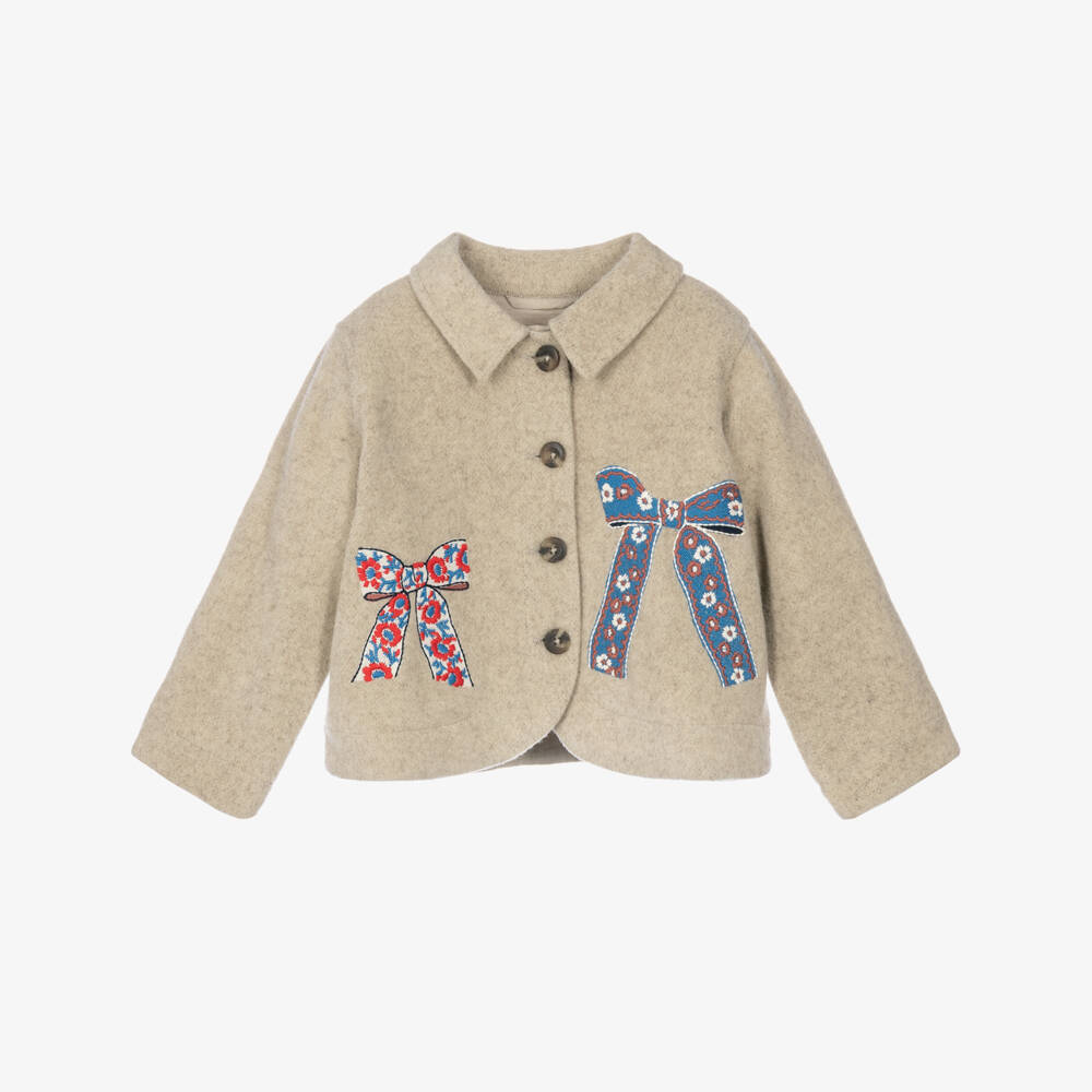 Molo-Girls Beige Felted Wool Jacket with Bows | Childrensalon