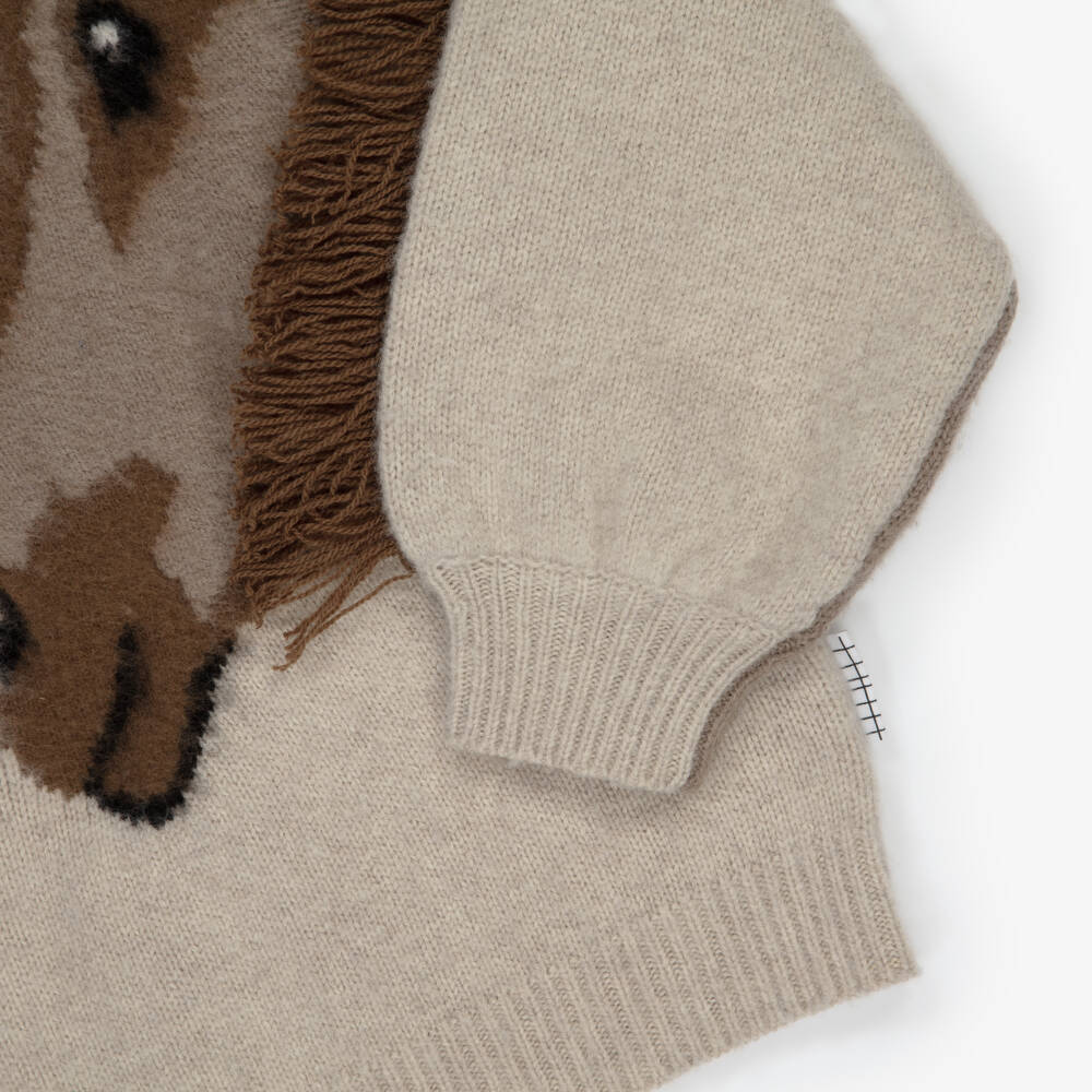 Molo-Girls Beige Knitted Wool Sweater with Fringed Horse Sleeve | Childrensalon