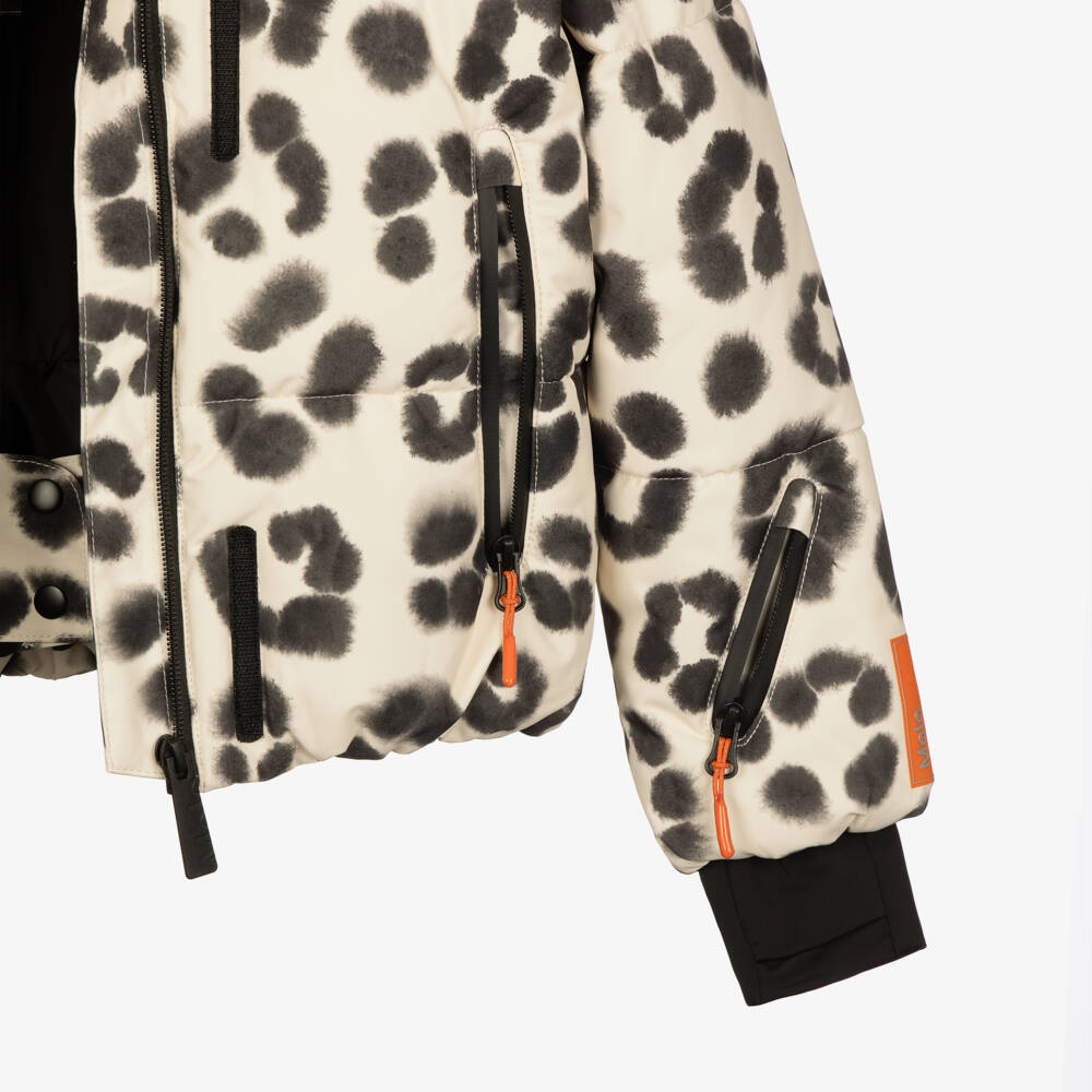 Molo-Girls Beige Leopard Print Puffer Technical Ski Jacket | Childrensalon