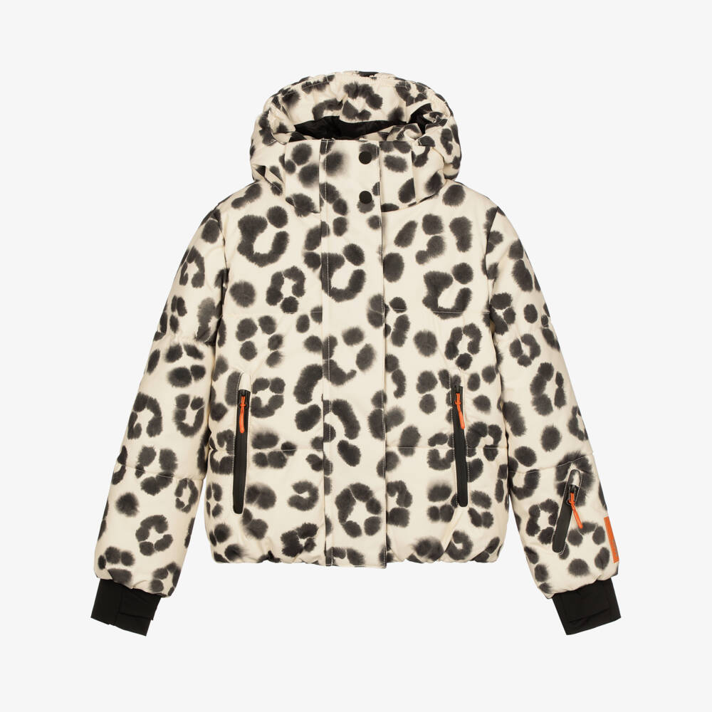 Molo-Girls Beige Leopard Print Puffer Technical Ski Jacket | Childrensalon